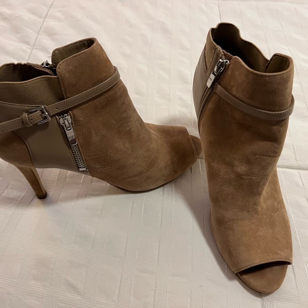 Suede camel color pee a toe boots by Marc Fisher, size 9